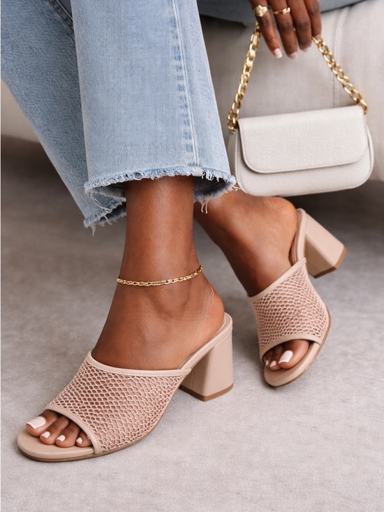Open Edit Shoes - Open Edit Colette Mesh Mule Heels Beige Block Heel Sandals Size 11